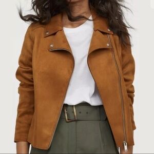 H&M faux suede biker motorcycle jacket in Camel, Sz 8